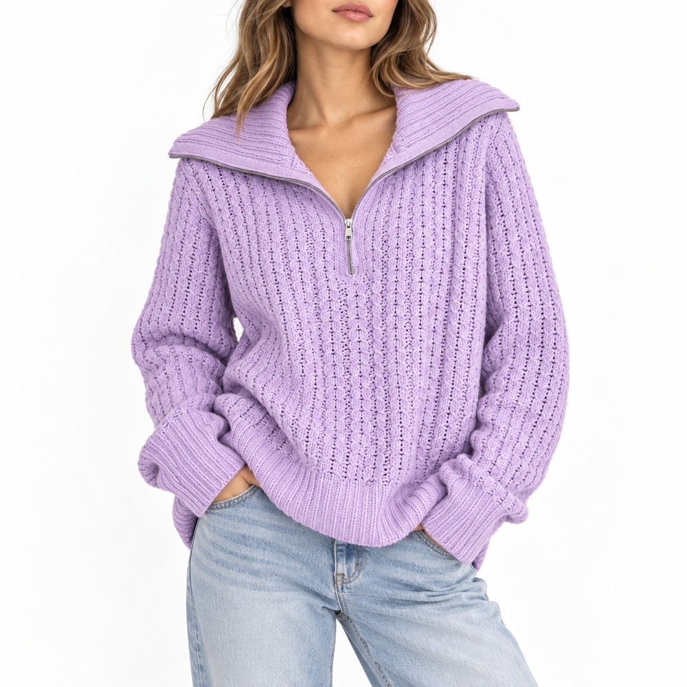 AERIE Chenille Quarter Zip Pullover Sweater Cable Knit in Lavender. Size M